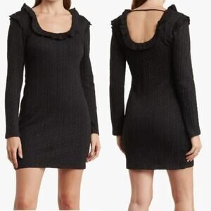 19 Cooper Cable Knit Dress Ruffle Scoop Neck Bodycon Mini Black XS NWT